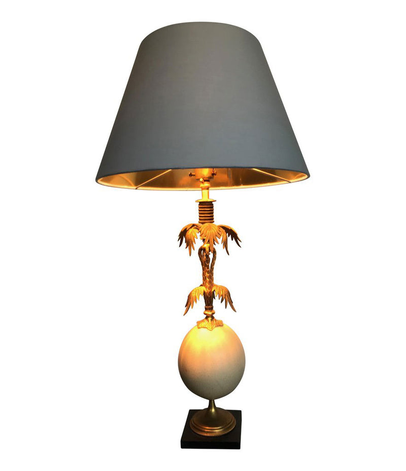 BRASS PALM TREE TABLE LAMP WITH REAL OSTRICH EGG CENTRE