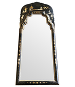 CHINOISERIE MIRROR WITH BLACK LACQUER FRAME WITH BIRDS, FIGURES AND FLOWERS