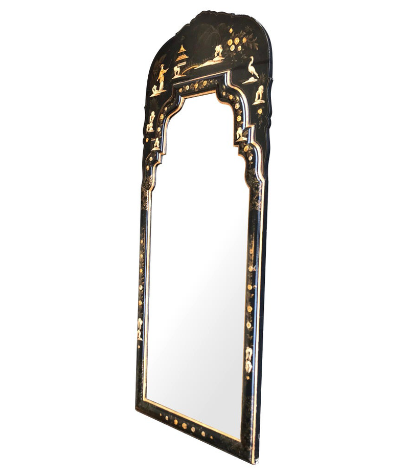 CHINOISERIE MIRROR WITH BLACK LACQUER FRAME WITH BIRDS, FIGURES AND FLOWERS