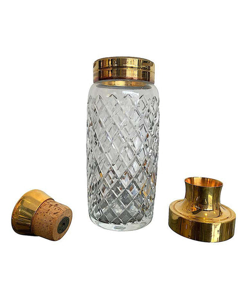 CRYSTAL AND GILT COCKTAIL SET WITH SHAKER AND SIX MATCHING GILT EDGED TUMBLERS