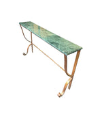 DECORATIVE SPANISH 1950S WROUGHT IRON GILT CONSOLE WITH GREEN MARBLE TOP