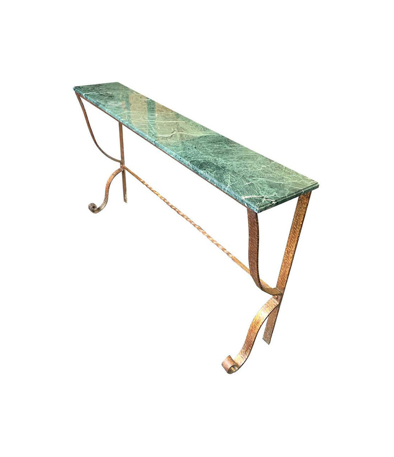 DECORATIVE SPANISH 1950S WROUGHT IRON GILT CONSOLE WITH GREEN MARBLE TOP