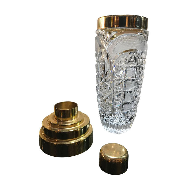 FACETED GLASS AND GILT METAL COCKTAIL SHAKER