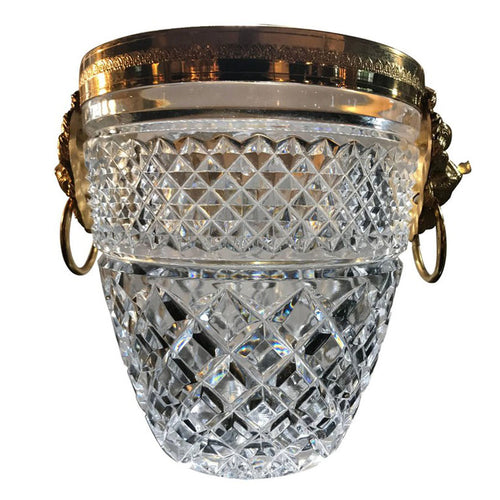 FACETED GLASS ICE BUCKET WITH GILT METAL LION HEAD HANDLES