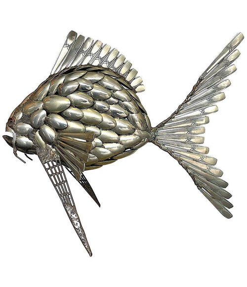 FANTASTIC LARGE 1950S SCULPTURE OF A FISH MADE FROM SILVER PLATED SPOONS