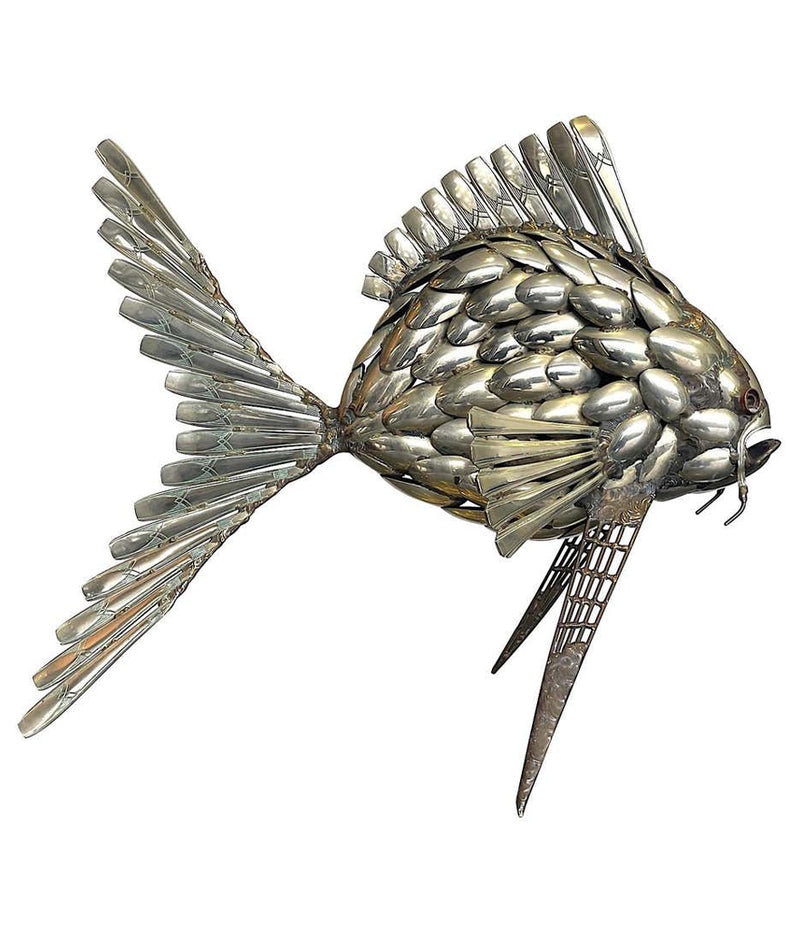 FANTASTIC LARGE 1950S SCULPTURE OF A FISH MADE FROM SILVER PLATED SPOONS