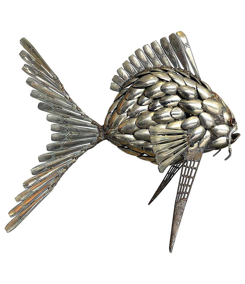 FANTASTIC LARGE 1950S SCULPTURE OF A FISH MADE FROM SILVER PLATED SPOONS