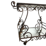 FRENCH ORNATE WROUGHT IRON BAR TROLLEY WITH 2 GLASS MIRRORED SHELVES