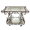 FRENCH ORNATE WROUGHT IRON BAR TROLLEY WITH 2 GLASS MIRRORED SHELVES