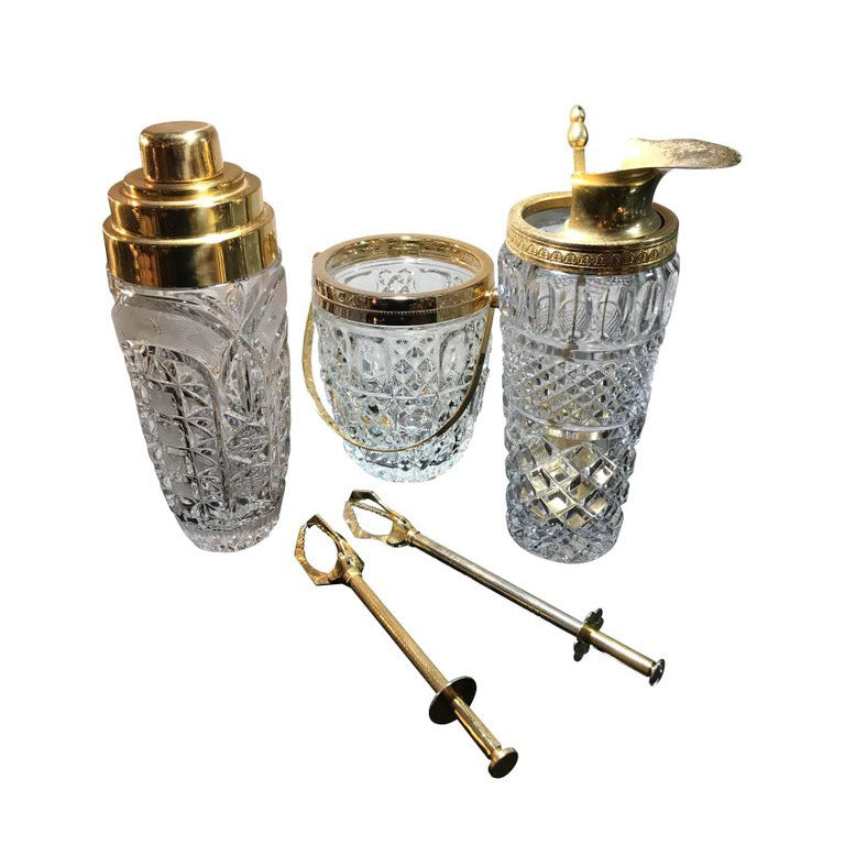 FACETED GLASS AND GILT METAL COCKTAIL SHAKER