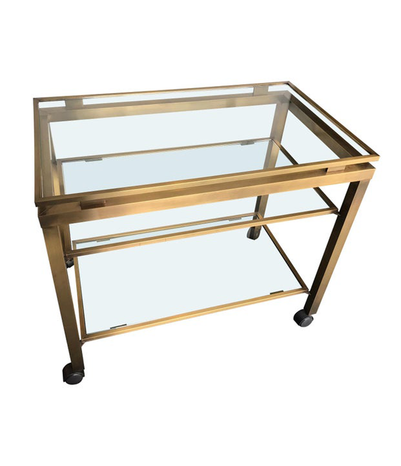 GUY LEFEVRE STYLE GILT METAL BAR TROLLEY WITH THREE GLASS SHELVES