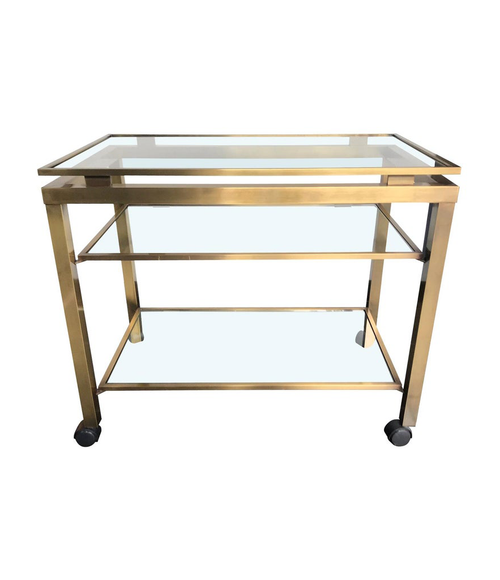 GUY LEFEVRE STYLE GILT METAL BAR TROLLEY WITH THREE GLASS SHELVES