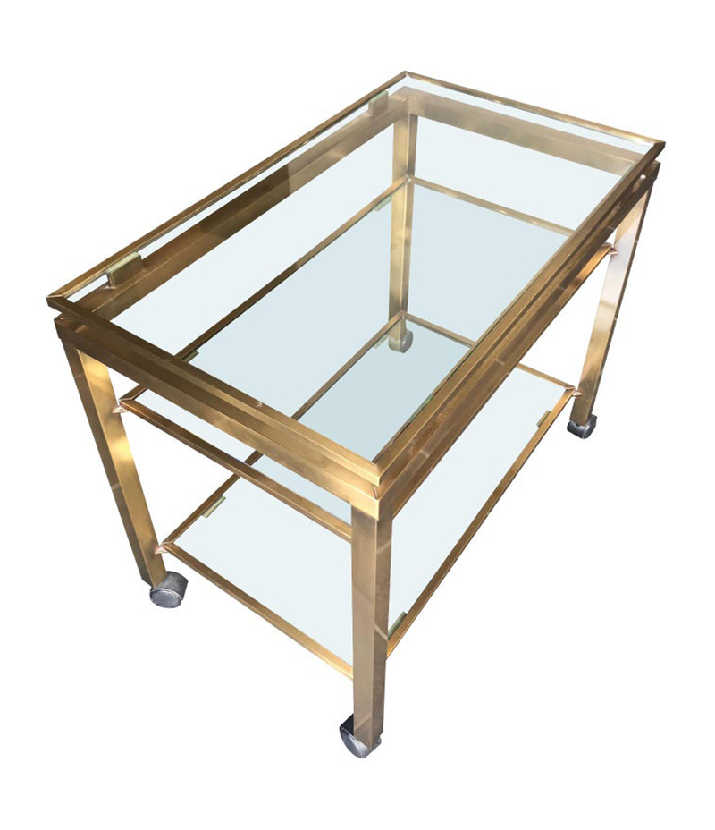 GUY LEFEVRE STYLE GILT METAL BAR TROLLEY WITH THREE GLASS SHELVES