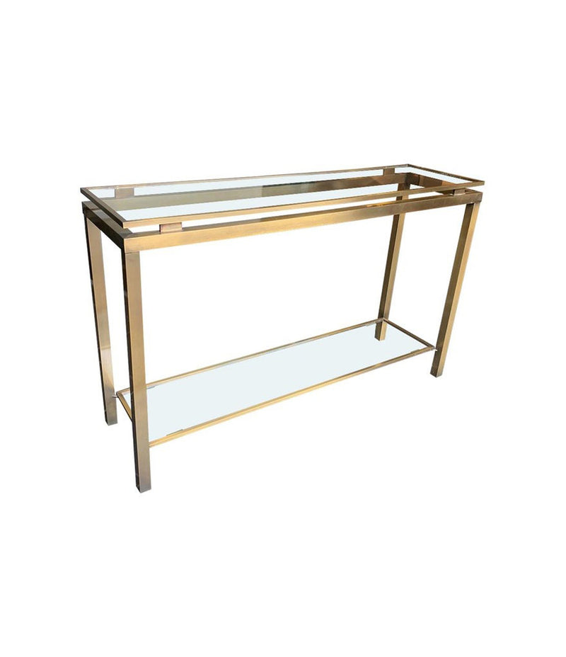 GUY LEFEVRE STYLE GILT METAL CONSOLE WITH TWO GLASS SHELVES