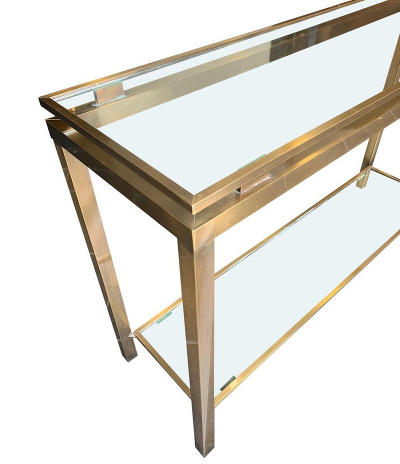 GUY LEFEVRE STYLE GILT METAL CONSOLE WITH TWO GLASS SHELVES