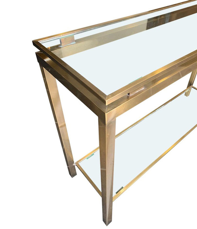 GUY LEFEVRE STYLE GILT METAL CONSOLE WITH TWO GLASS SHELVES