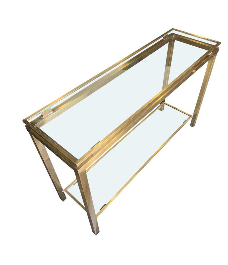 GUY LEFEVRE STYLE GILT METAL CONSOLE WITH TWO GLASS SHELVES