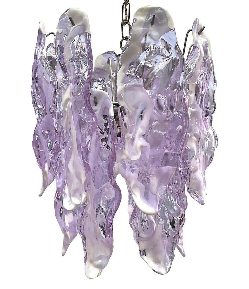 1970s Chandelier by Mazzagga in Purple and White Murano Glass - Mid Century Lighting - Ed Butcher