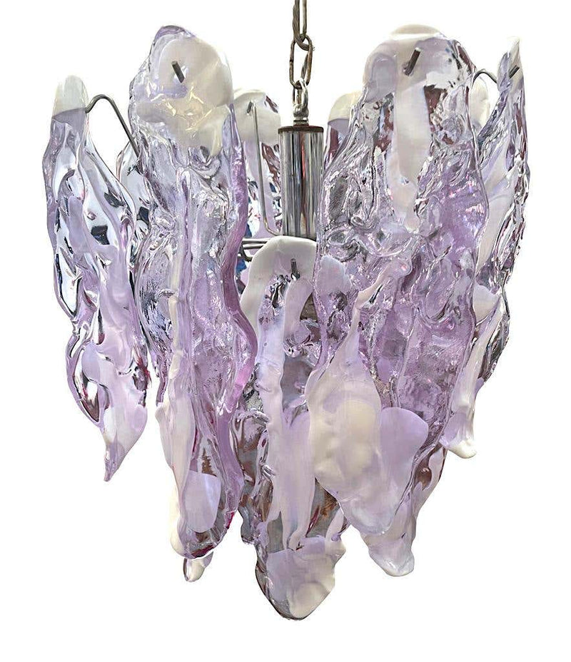 1970s Chandelier by Mazzagga in Purple and White Murano Glass - Mid Century Lighting - Ed Butcher