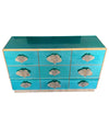 ITALIAN AQUA GREEN MIRRORED CHEST OF DRAWERS WITH BRASS CORAL SHAPED HANDLES