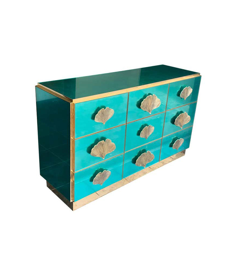 ITALIAN AQUA GREEN MIRRORED CHEST OF DRAWERS WITH BRASS CORAL SHAPED HANDLES