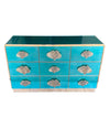 ITALIAN AQUA GREEN MIRRORED CHEST OF DRAWERS WITH BRASS CORAL SHAPED HANDLES