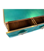 ITALIAN AQUA GREEN MIRRORED CHEST OF DRAWERS WITH BRASS CORAL SHAPED HANDLES