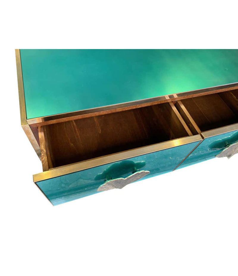 ITALIAN AQUA GREEN MIRRORED CHEST OF DRAWERS WITH BRASS CORAL SHAPED HANDLES