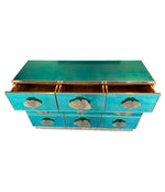 ITALIAN AQUA GREEN MIRRORED CHEST OF DRAWERS WITH BRASS CORAL SHAPED HANDLES