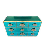 ITALIAN AQUA GREEN MIRRORED CHEST OF DRAWERS WITH BRASS CORAL SHAPED HANDLES