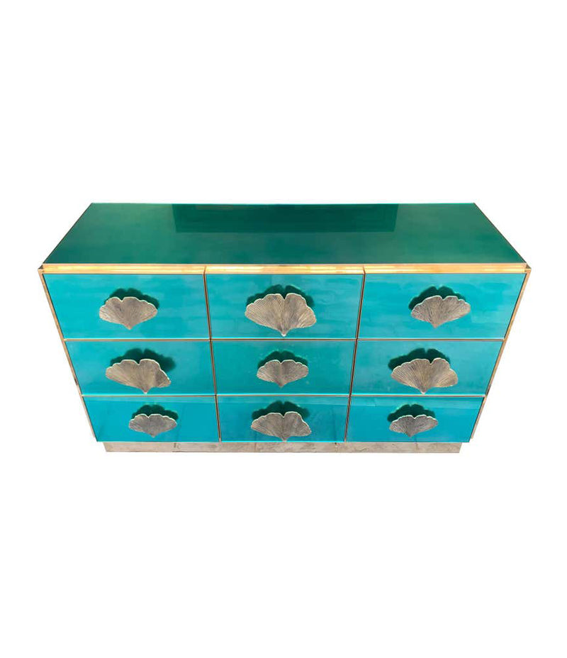 ITALIAN AQUA GREEN MIRRORED CHEST OF DRAWERS WITH BRASS CORAL SHAPED HANDLES