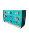 ITALIAN AQUA GREEN MIRRORED CHEST OF DRAWERS WITH BRASS CORAL SHAPED HANDLES