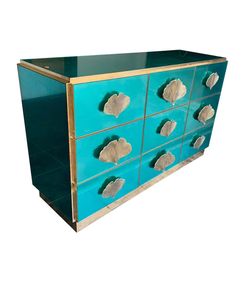 ITALIAN AQUA GREEN MIRRORED CHEST OF DRAWERS WITH BRASS CORAL SHAPED HANDLES