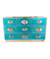 ITALIAN AQUA GREEN MIRRORED CHEST OF DRAWERS WITH BRASS CORAL SHAPED HANDLES