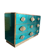 ITALIAN AQUA GREEN MIRRORED CHEST OF DRAWERS WITH BRASS CORAL SHAPED HANDLES