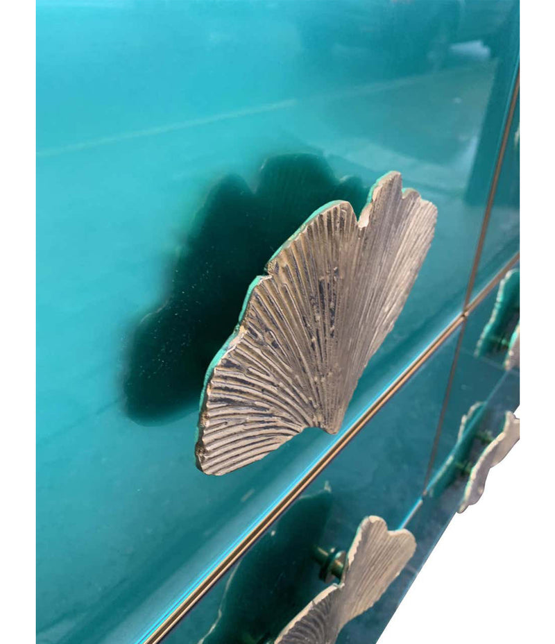 ITALIAN AQUA GREEN MIRRORED CHEST OF DRAWERS WITH BRASS CORAL SHAPED HANDLES