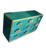 ITALIAN AQUA GREEN MIRRORED CHEST OF DRAWERS WITH BRASS CORAL SHAPED HANDLES