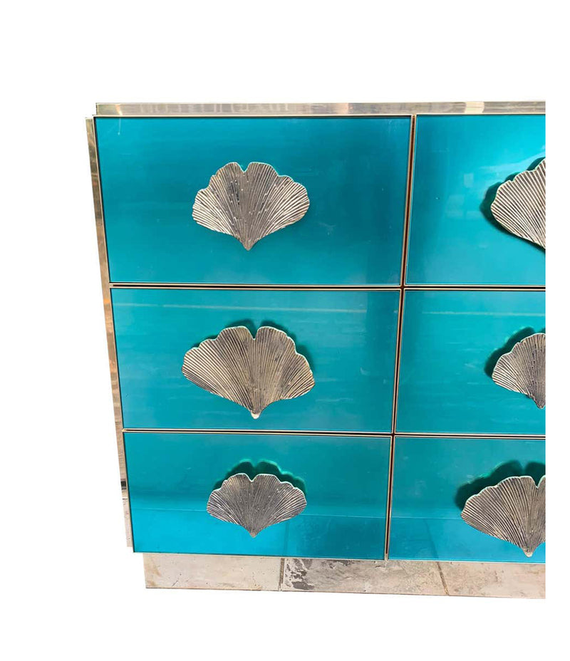 ITALIAN AQUA GREEN MIRRORED CHEST OF DRAWERS WITH BRASS CORAL SHAPED HANDLES