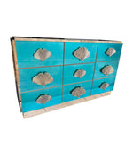 ITALIAN AQUA GREEN MIRRORED CHEST OF DRAWERS WITH BRASS CORAL SHAPED HANDLES