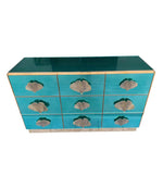 ITALIAN AQUA GREEN MIRRORED CHEST OF DRAWERS WITH BRASS CORAL SHAPED HANDLES