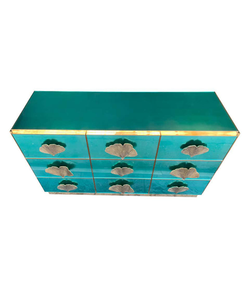 ITALIAN AQUA GREEN MIRRORED CHEST OF DRAWERS WITH BRASS CORAL SHAPED HANDLES