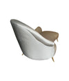 ITALIAN CHAISE LONGUE UPHOLSTERED IN CHAMPAGNE GREY FABRIC WITH BRASS FEET