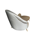 ITALIAN CHAISE LONGUE UPHOLSTERED IN CHAMPAGNE GREY FABRIC WITH BRASS FEET
