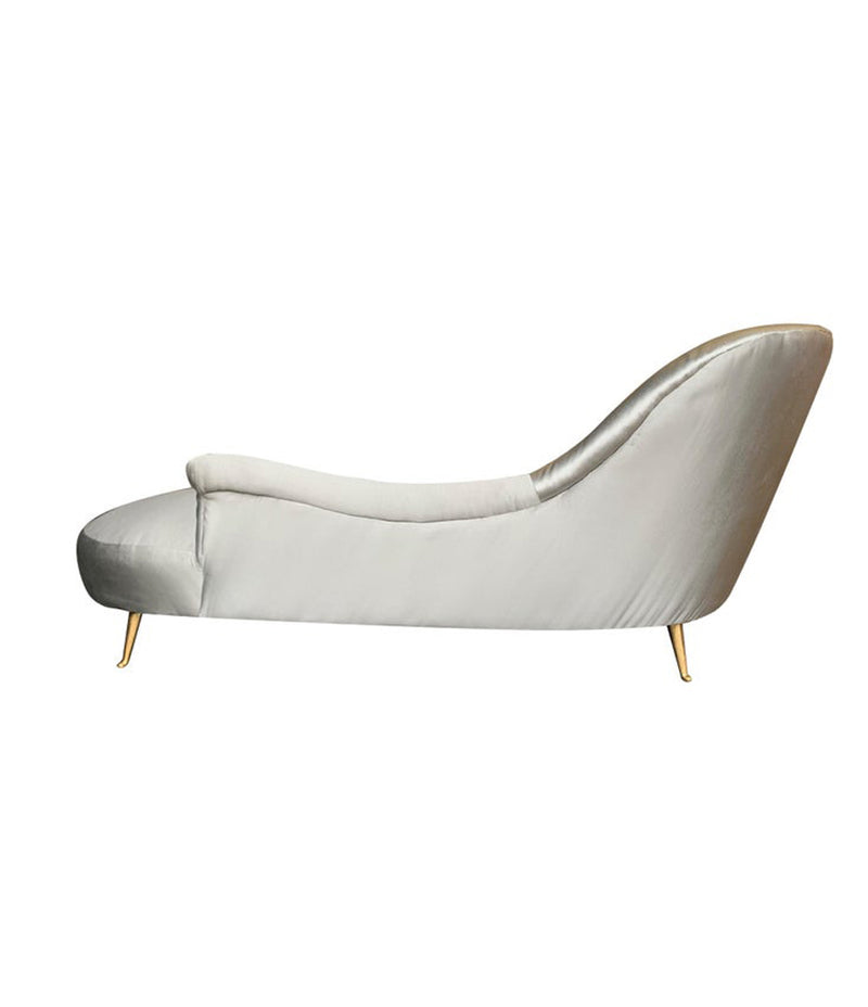 ITALIAN CHAISE LONGUE UPHOLSTERED IN CHAMPAGNE GREY FABRIC WITH BRASS FEET