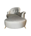 ITALIAN CHAISE LONGUE UPHOLSTERED IN CHAMPAGNE GREY FABRIC WITH BRASS FEET