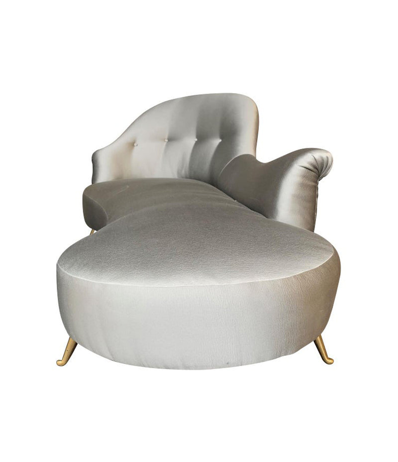 ITALIAN CHAISE LONGUE UPHOLSTERED IN CHAMPAGNE GREY FABRIC WITH BRASS FEET