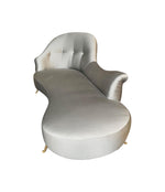 ITALIAN CHAISE LONGUE UPHOLSTERED IN CHAMPAGNE GREY FABRIC WITH BRASS FEET