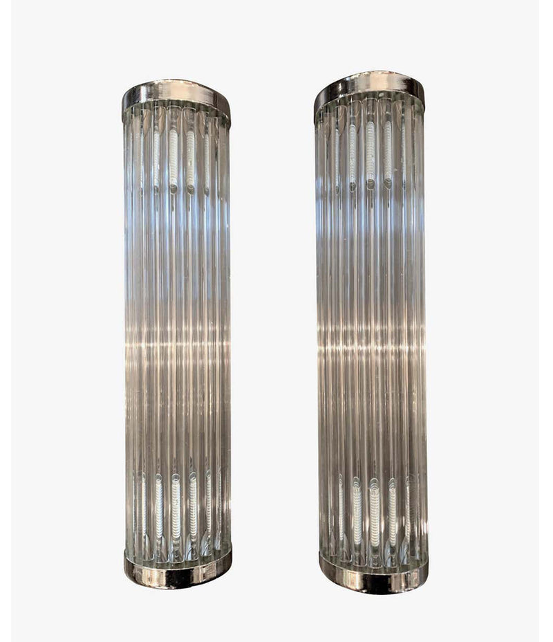 ITALIAN VENINI STYLE MURANO GLASS ROD, WALL SCONCES WITH CHROME FITTINGS