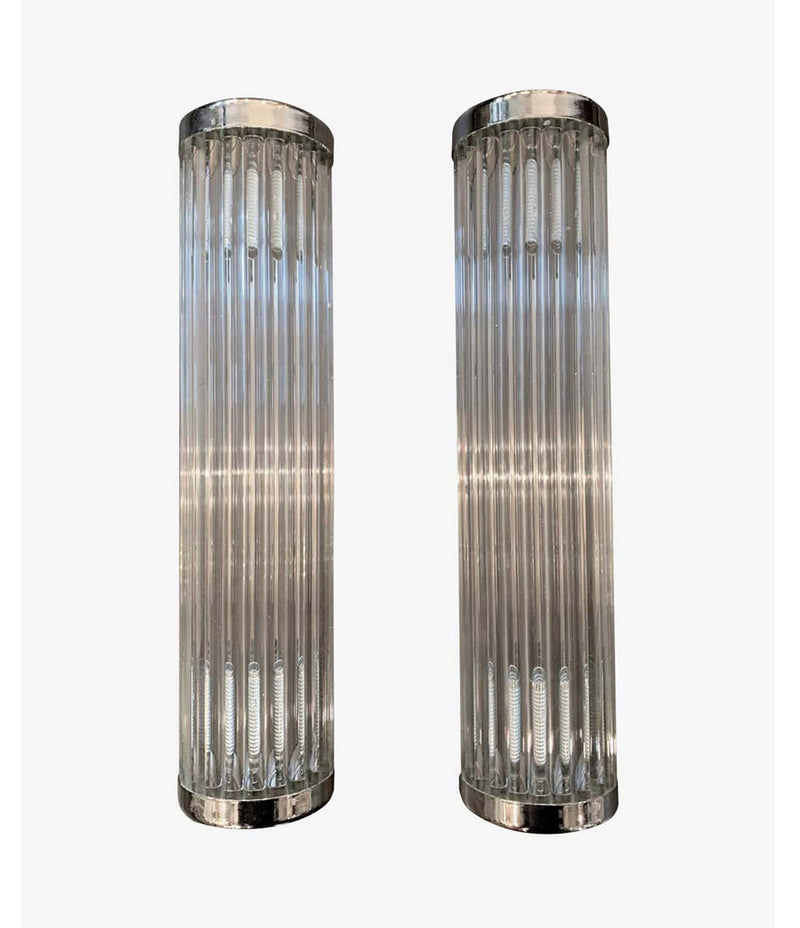 ITALIAN VENINI STYLE MURANO GLASS ROD, WALL SCONCES WITH CHROME FITTINGS