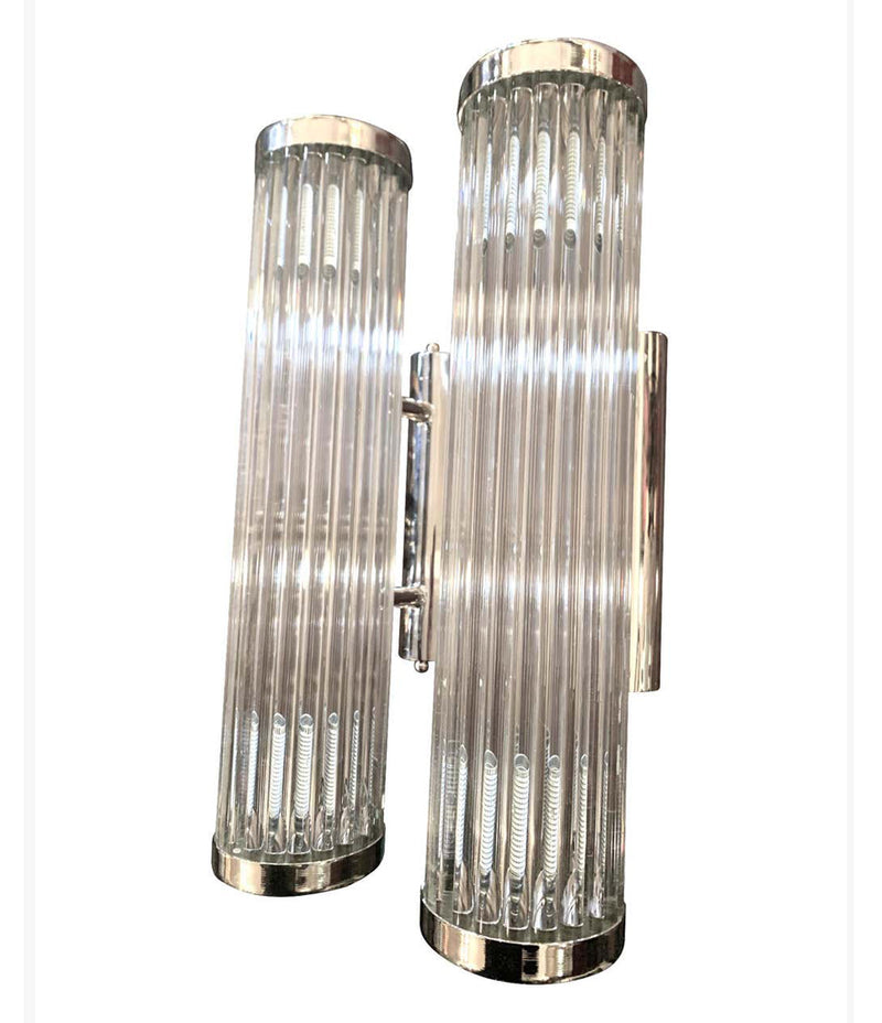 ITALIAN VENINI STYLE MURANO GLASS ROD, WALL SCONCES WITH CHROME FITTINGS